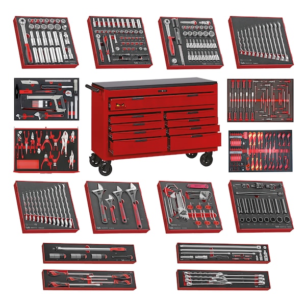 Mega Hand Tool Cabinet Tool Kit, 9 Drawer, Red, 53 in W